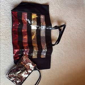 BRAND NEW! Black and Sequin Striped Tote with Matching Pouch
